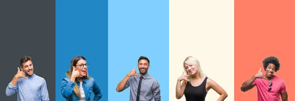 Collage Van Groep Jongeren Kleurrijke Vintage Geïsoleerd Achtergrond Glimlachend Telefoon — Stockfoto