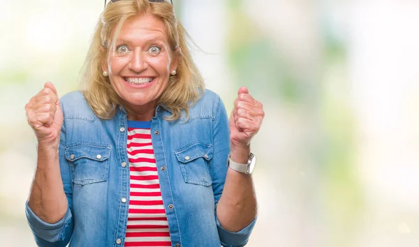 Middle Age Blonde Woman Isolated Background Excited Success Arms Raised — Stock Photo, Image