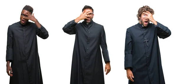 Коллаж Христианских Священников Изолированном Фоне Смотрящих Шокирующие Закрывающие Лицо Глаза — стоковое фото