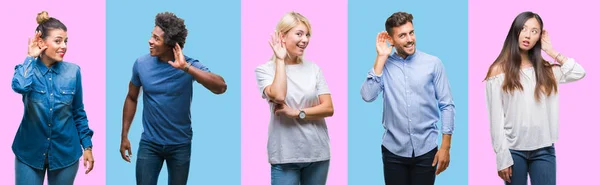 Collage Grupo Jóvenes Ocasionales Sobre Coloridos Antecedentes Aislados Sonriendo Con —  Fotos de Stock