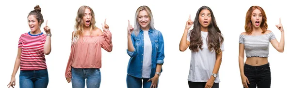 Collage Jeunes Belles Tripotage Femmes Sur Fond Isolé Pointant Doigt — Photo