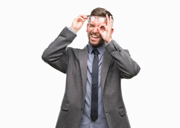 Junger Gutaussehender Geschäftsmann Über Isoliertem Hintergrund Der Geste Mit Lächelnder — Stockfoto