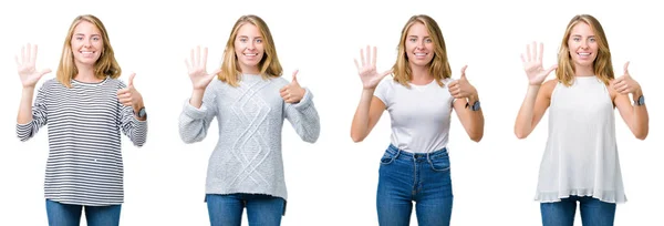 Collage Hermosa Mujer Rubia Sobre Fondo Blanco Aislado Mostrando Apuntando — Foto de Stock