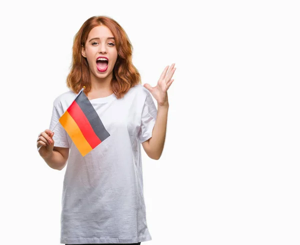 Jovem Bela Mulher Segurando Bandeira Alemanha Sobre Fundo Isolado Muito — Fotografia de Stock