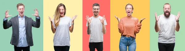 Collage Persone Gruppo Donne Uomini Sfondo Colorato Isolato Che Celebrano — Foto Stock