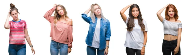 Collage Unga Vackra Grop Kvinnor Över Isolerade Bakgrund Förvirra Och — Stockfoto