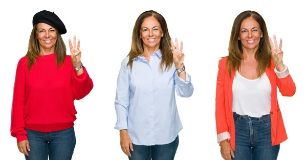 Collage Van Mooie Middelbare Leeftijd Vrouw Witte Geïsoleerde Achtergrond Weergeven — Stockfoto