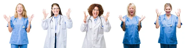 职业医生小组妇女的拼贴在白色隔绝的背景庆祝疯狂和疯狂为成功与胳膊抬起和闭上眼睛尖叫兴奋 优胜者概念 — 图库照片