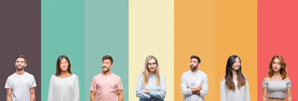 Collage Different Ethnics Young People Colorful Stripes Isolated Background Smiling — Stock Photo, Image