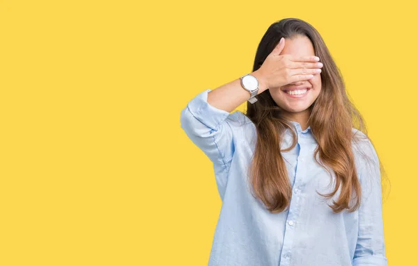 Jovem Mulher Negócios Bonita Morena Sobre Fundo Isolado Sorrindo Rindo — Fotografia de Stock