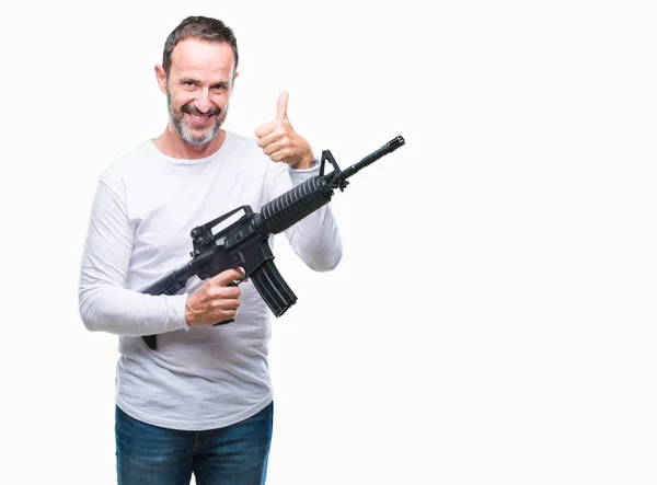 Middle Age Senior Hoary Criminal Man Holding Gun Weapon Isolated — Stock Photo, Image