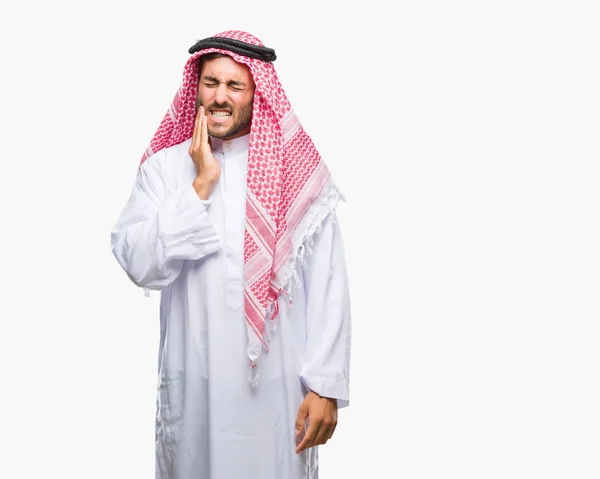 Jeune Homme Beau Portant Keffiyeh Sur Fond Isolé Touchant Bouche — Photo