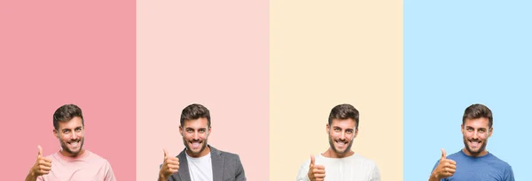 Collage Handsome Young Man Colorful Stripes Isolated Background Doing Happy — Stock Photo, Image