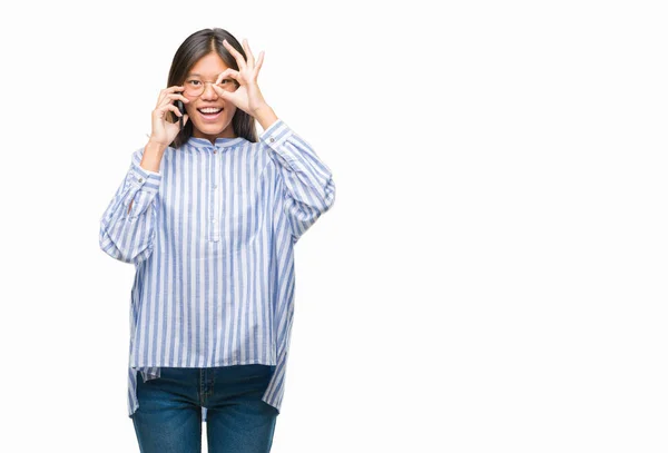 Young Asian Woman Speaking Phone Isolated Background Happy Face Smiling — Stock Photo, Image