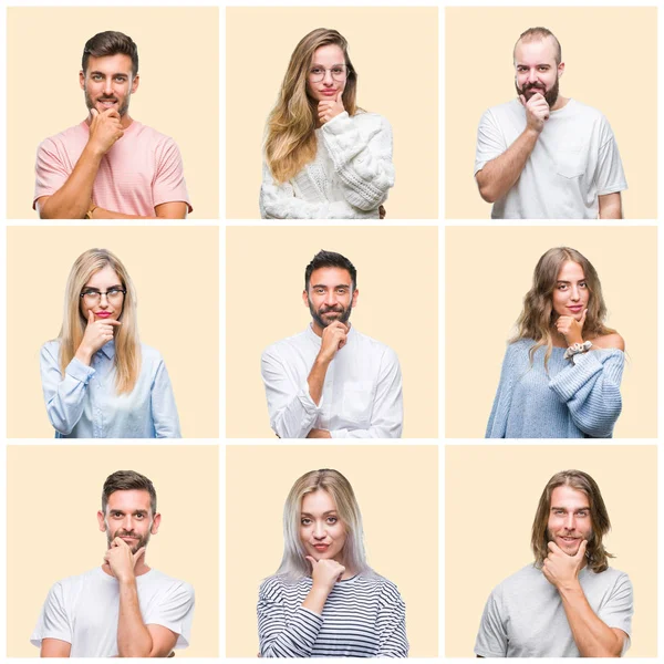 Collage of group people, women and men over colorful yellow isolated background looking confident at the camera with smile with crossed arms and hand raised on chin. Thinking positive.