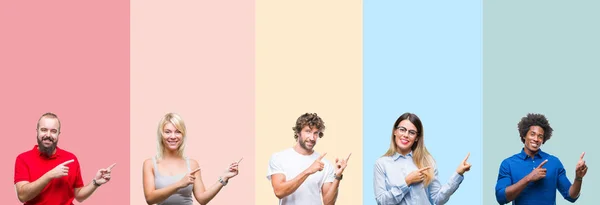 Collage Van Groep Jongeren Kleurrijke Vintage Geïsoleerde Achtergrond Glimlachen Kijken — Stockfoto