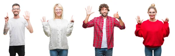 Collage Van Groep Jongeren Witte Geïsoleerde Achtergrond Weergeven Met Vingers — Stockfoto