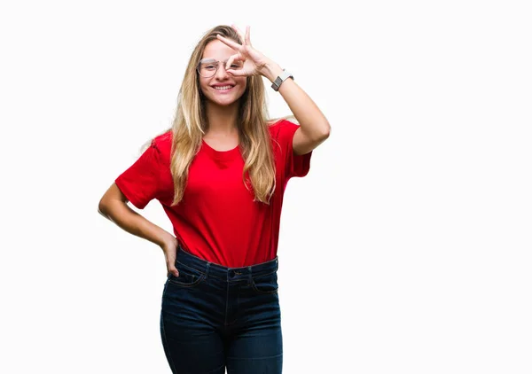 Jeune Belle Femme Blonde Portant Des Lunettes Sur Fond Isolé — Photo