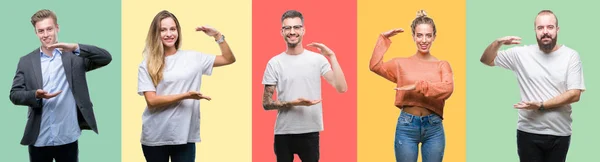 Colagem Pessoas Grupo Mulheres Homens Sobre Fundo Isolado Colorido Gestos — Fotografia de Stock
