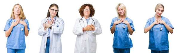 Collage Gruppo Donne Medico Professionale Sfondo Bianco Isolato Sorridente Con — Foto Stock