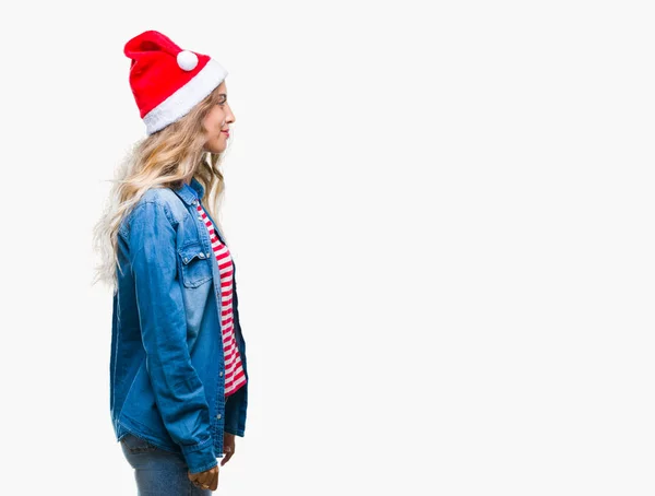 Красивая Молодая Блондинка Рождественской Шляпе Изолированном Фоне Глядя Сторону Расслабиться — стоковое фото