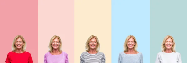 Collage Van Middelbare Leeftijd Senior Mooie Vrouw Kleurrijke Strepen Geïsoleerd — Stockfoto