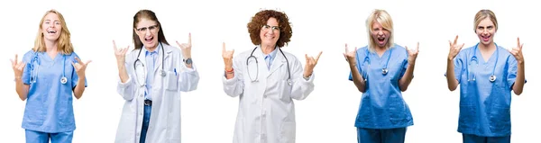 一群专业医生的女性在白色的孤立背景下大喊疯狂的表情用双手做摇滚符号 音乐明星 沉重的概念 — 图库照片