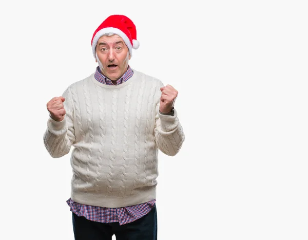 Hombre Mayor Guapo Con Sombrero Navidad Sobre Fondo Aislado Celebrando — Foto de Stock