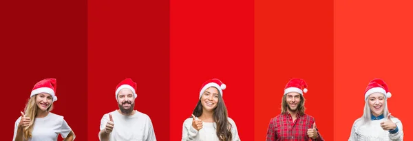 Collage Group Young People Wearing Chrismast Hat Isolated Background Doing — Stock Photo, Image