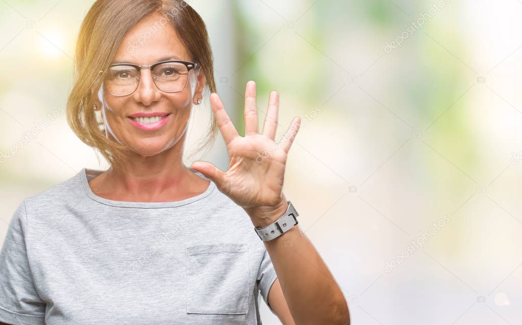 Middle age senior hispanic woman wearing glasses over isolated background showing and pointing up with fingers number five while smiling confident and happy.