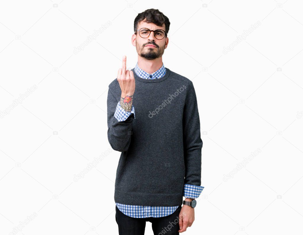 Young handsome smart man wearing glasses over isolated background Showing middle finger, impolite and rude fuck off expression
