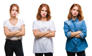 Kolaj izole arka plan şüpheci ve sinir, onaylamayan ifade yüz çapraz kolları olan genç güzel kızıl saçlı kadın. Negatif kişi.