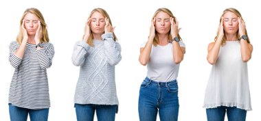 Çünkü kolaj güzel sarışın kadın beyaz bir arka plan baş baş ağrısı için el ile izole stres. Migren muzdarip.