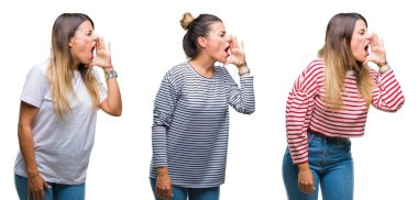 Kolaj bağırarak ve ağzı üzerinde el ile yan için çığlık izole arka plan üzerinde genç güzel kadın. İletişim kavramı.