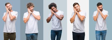 Yakışıklı İspanyol, Grup Hint ve Arap erkekler uyku yorgun hayal ve eller ile birlikte kapalı gözlerle gülümseyerek poz antika arka plan üzerinde kolaj.