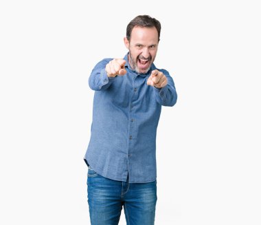 Yakışıklı orta yaş zarif komuta sizde izole üzerinde arka plan size işaret ve parmaklar, kamerayla olumlu ve neşeli gülümseyen