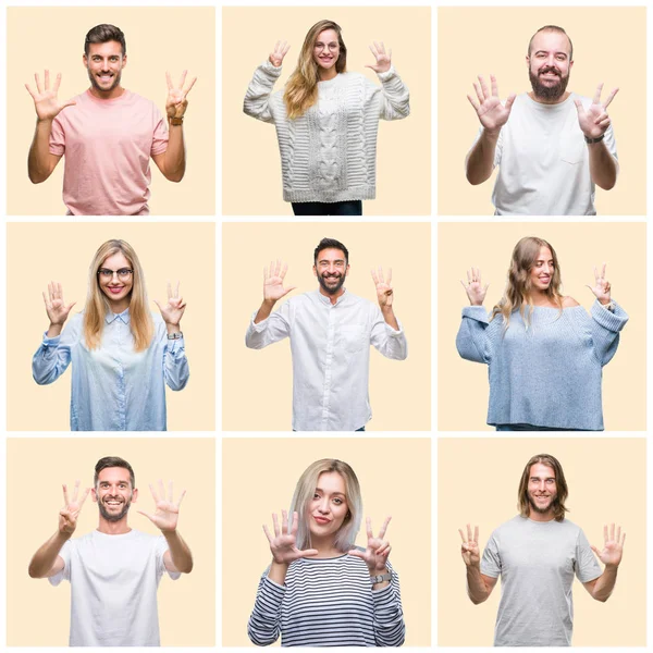 Collage Persone Gruppo Donne Uomini Sfondo Colorato Giallo Isolato Mostrando — Foto Stock