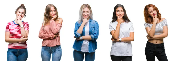 Collage Van Jonge Mooie Handgraap Van Vrouwen Geïsoleerde Achtergrond Zoek — Stockfoto