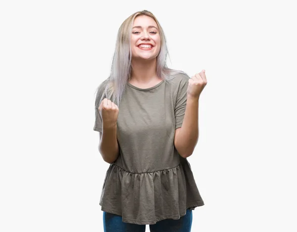 Young Blonde Woman Isolated Background Celebrating Surprised Amazed Success Arms — Stock Photo, Image