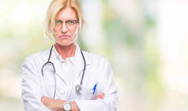 Middle Age Blonde Doctor Woman Isolated Background Skeptic Nervous Disapproving — Stock Photo, Image