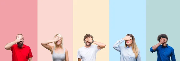 Collage Grupo Jóvenes Sobre Colorido Vintage Aislado Fondo Sonriendo Riendo —  Fotos de Stock