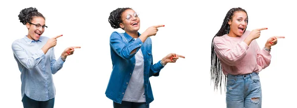 美しいコラージュ分離背景笑顔で側に つの手と指で指しているカメラ目線の上髪のアフリカ系アメリカ人女性を編組 — ストック写真