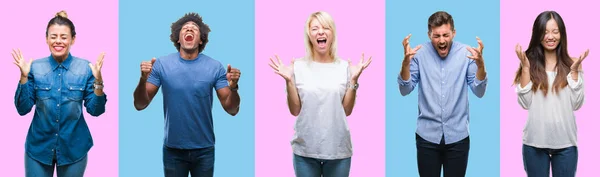 Collage Grupo Jóvenes Ocasionales Sobre Coloridos Antecedentes Aislados Celebrando Locos — Foto de Stock