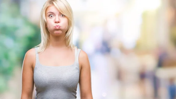 Young Beautiful Blonde Woman Isolated Background Puffing Cheeks Funny Face — Stock Photo, Image