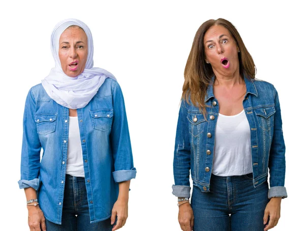 Collage Einer Schönen Arabischen Frau Mittleren Alters Vor Isoliertem Hintergrund — Stockfoto