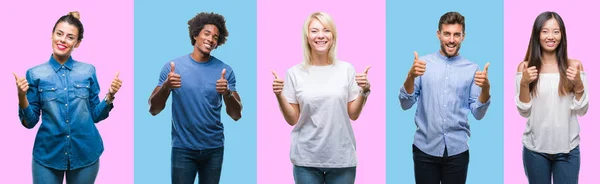 Collage Grupo Jóvenes Ocasionales Sobre Colorido Signo Éxito Fondo Aislado — Foto de Stock