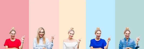 Colagem Bela Mulher Loira Sobre Listras Coloridas Fundo Isolado Com — Fotografia de Stock