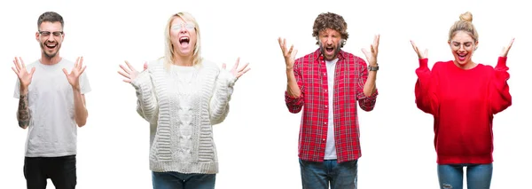 Collage Gruppo Giovani Sfondo Bianco Isolato Che Celebrano Pazzo Pazzo — Foto Stock