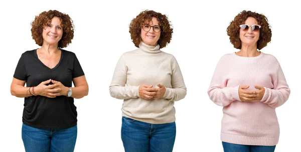Collage Middle Age Senior Woman White Isolated Background Hands Together — Stock Photo, Image