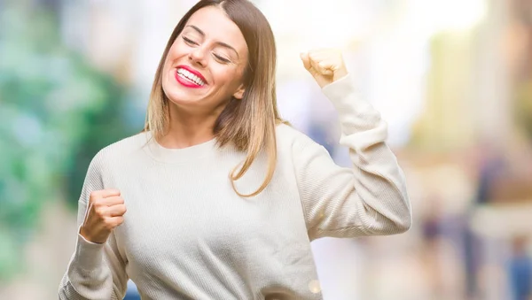 Ung Vacker Kvinna Casual Vit Tröja Över Isolerade Bakgrund Mycket — Stockfoto